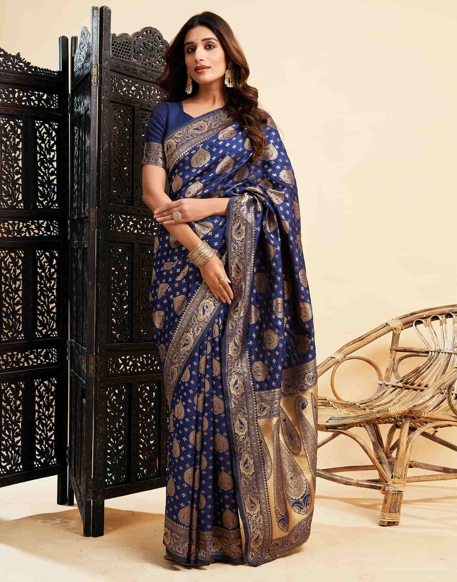 Navy Blue Banarasi Silk Woven Saree