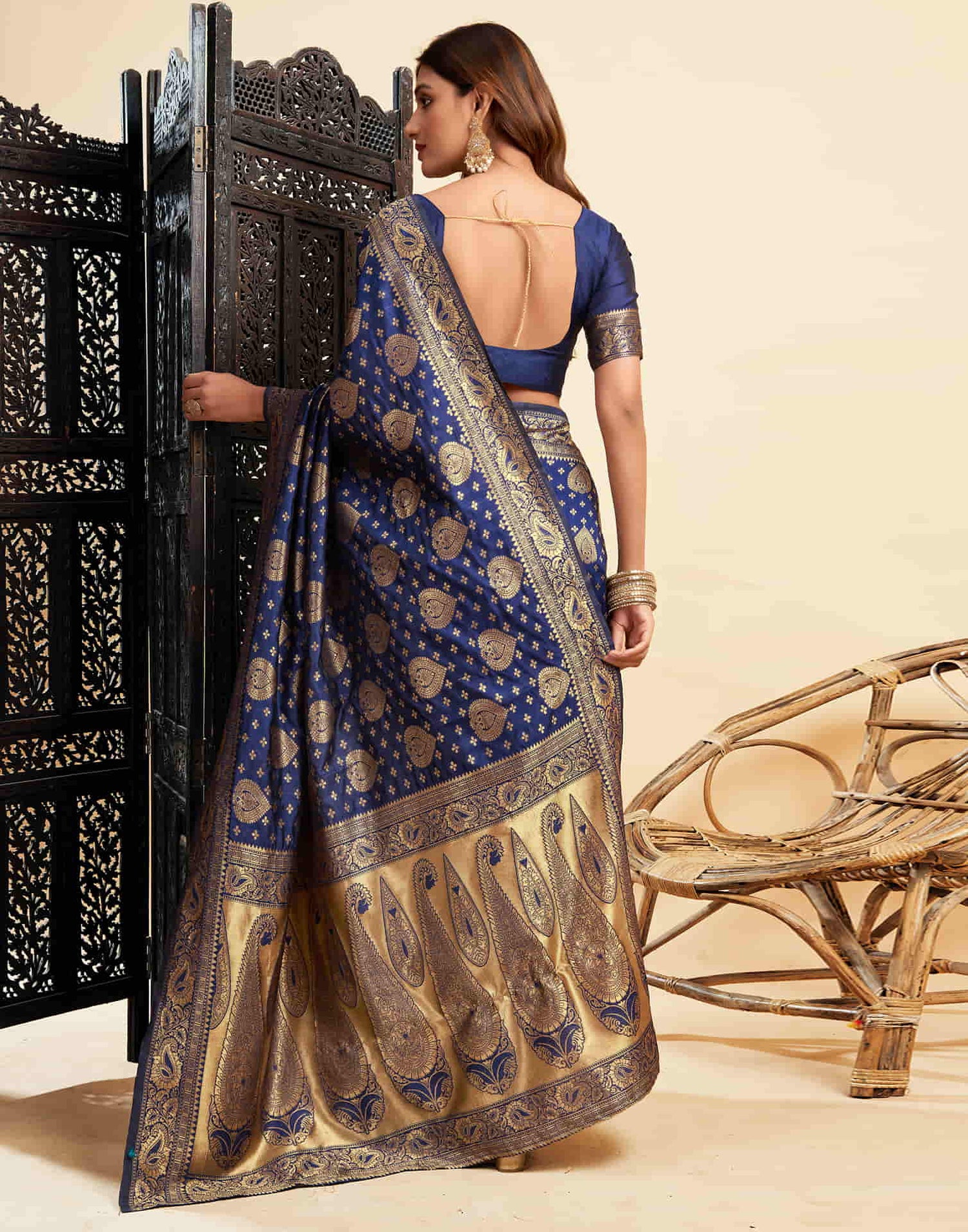 Navy Blue Banarasi Silk Woven Saree