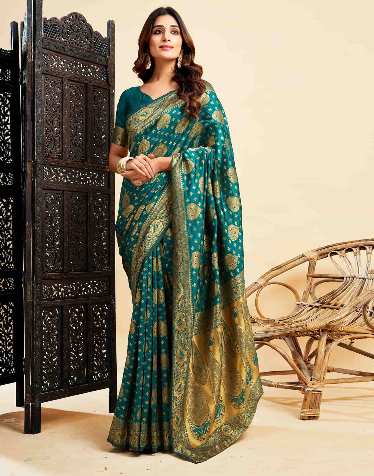 Teal Green Banarasi Silk Woven Saree