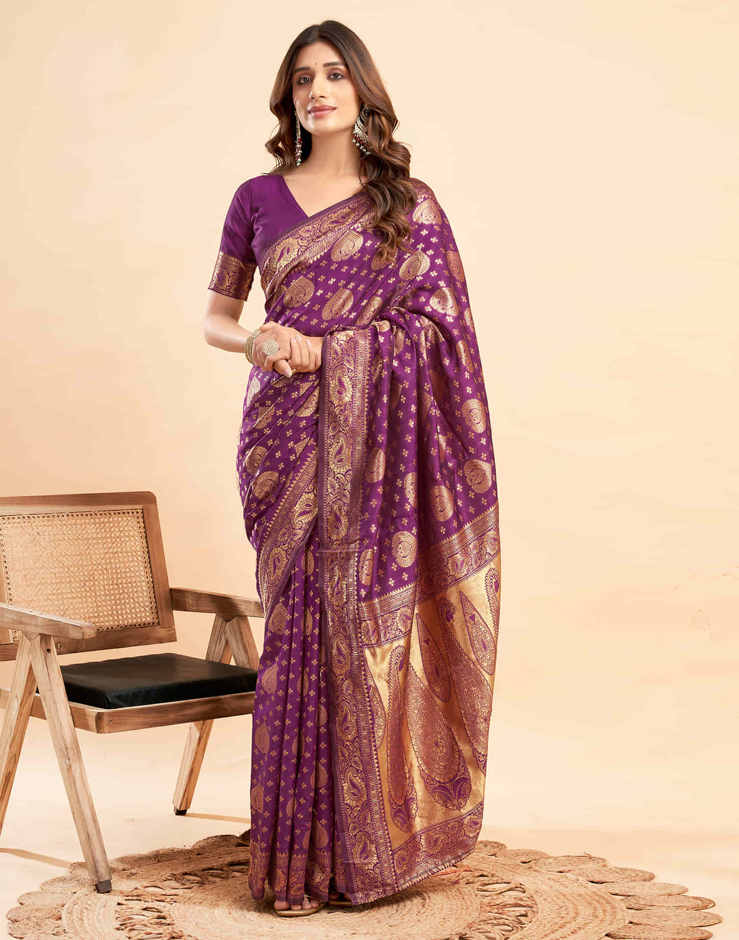 B1G1 Wine Banarasi Silk Woven Saree