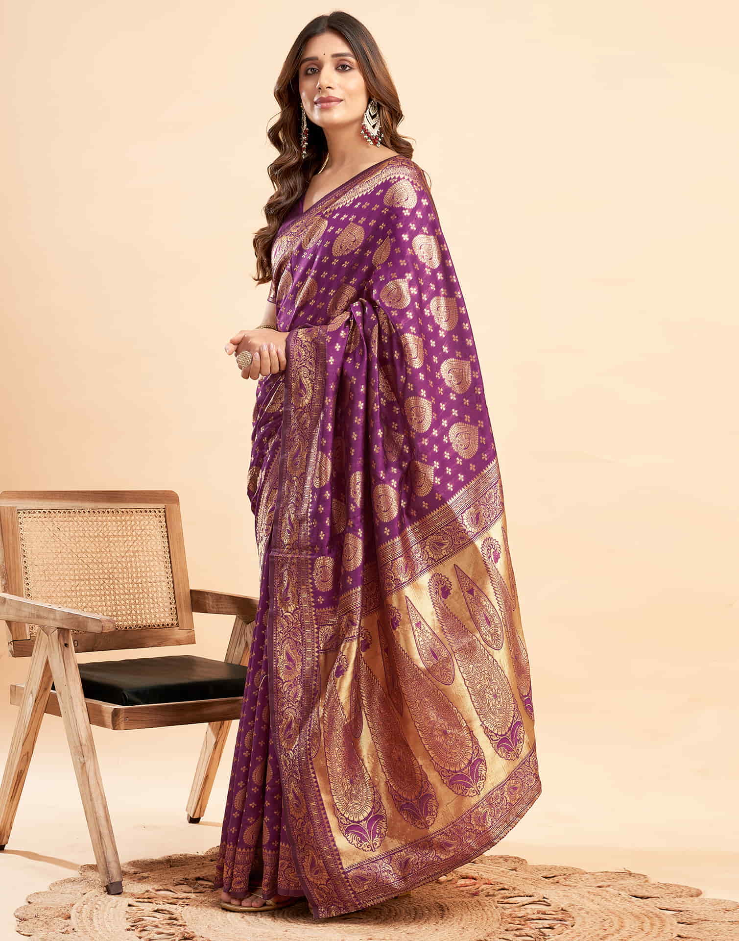 B1G1 Wine Banarasi Silk Woven Saree