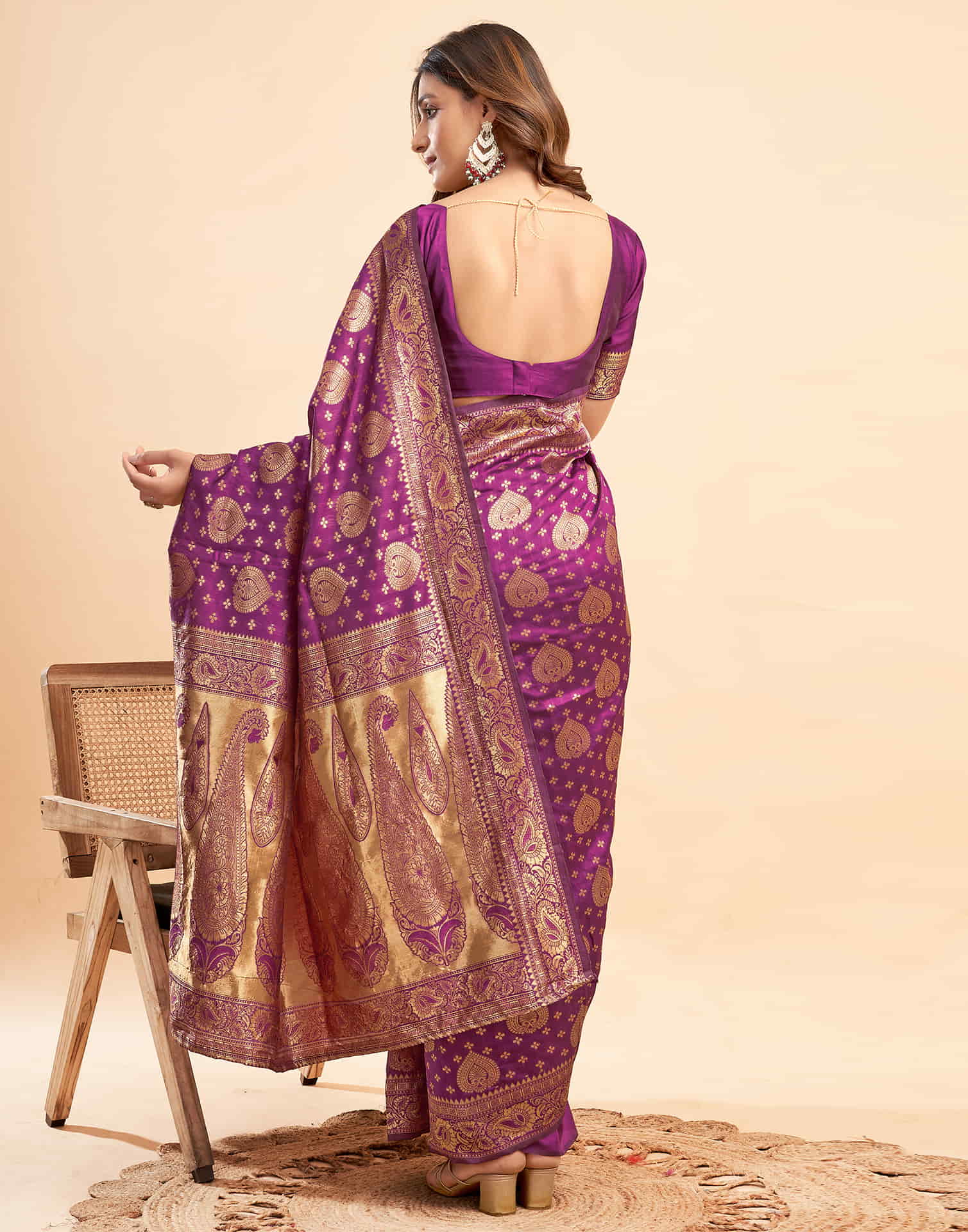 B1G1 Wine Banarasi Silk Woven Saree