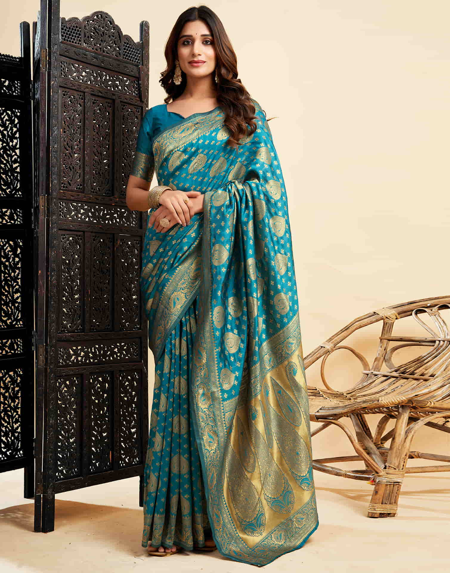 Teal Blue Banarasi Silk Woven Saree