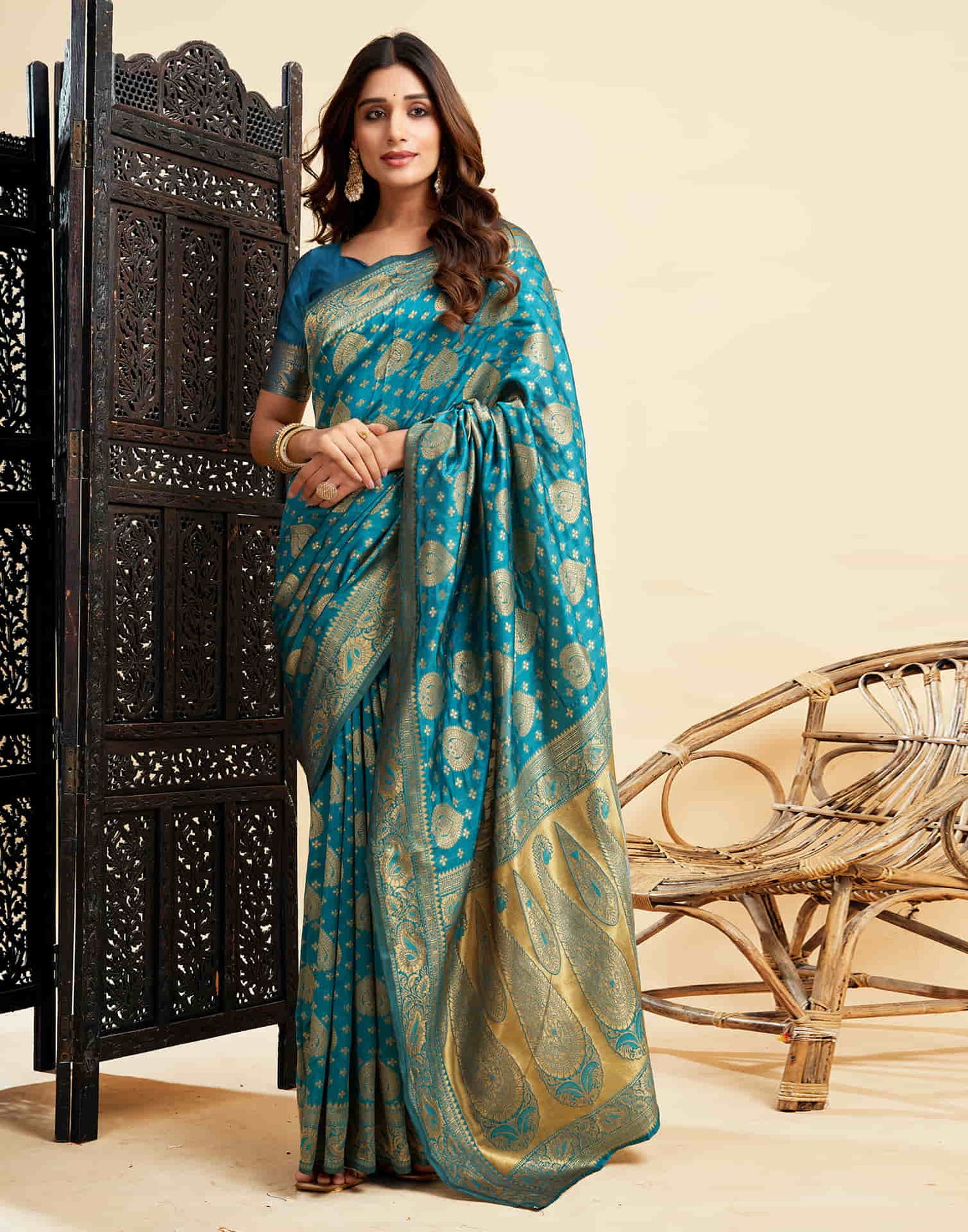 Teal Blue Banarasi Silk Woven Saree