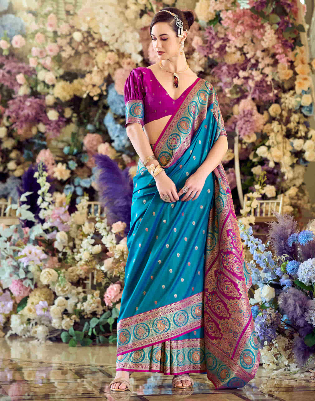 Peacock Blue Silk Woven Banarasi Saree