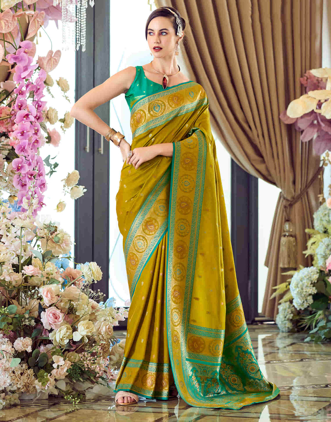 Lime Green Silk Woven Banarasi Saree