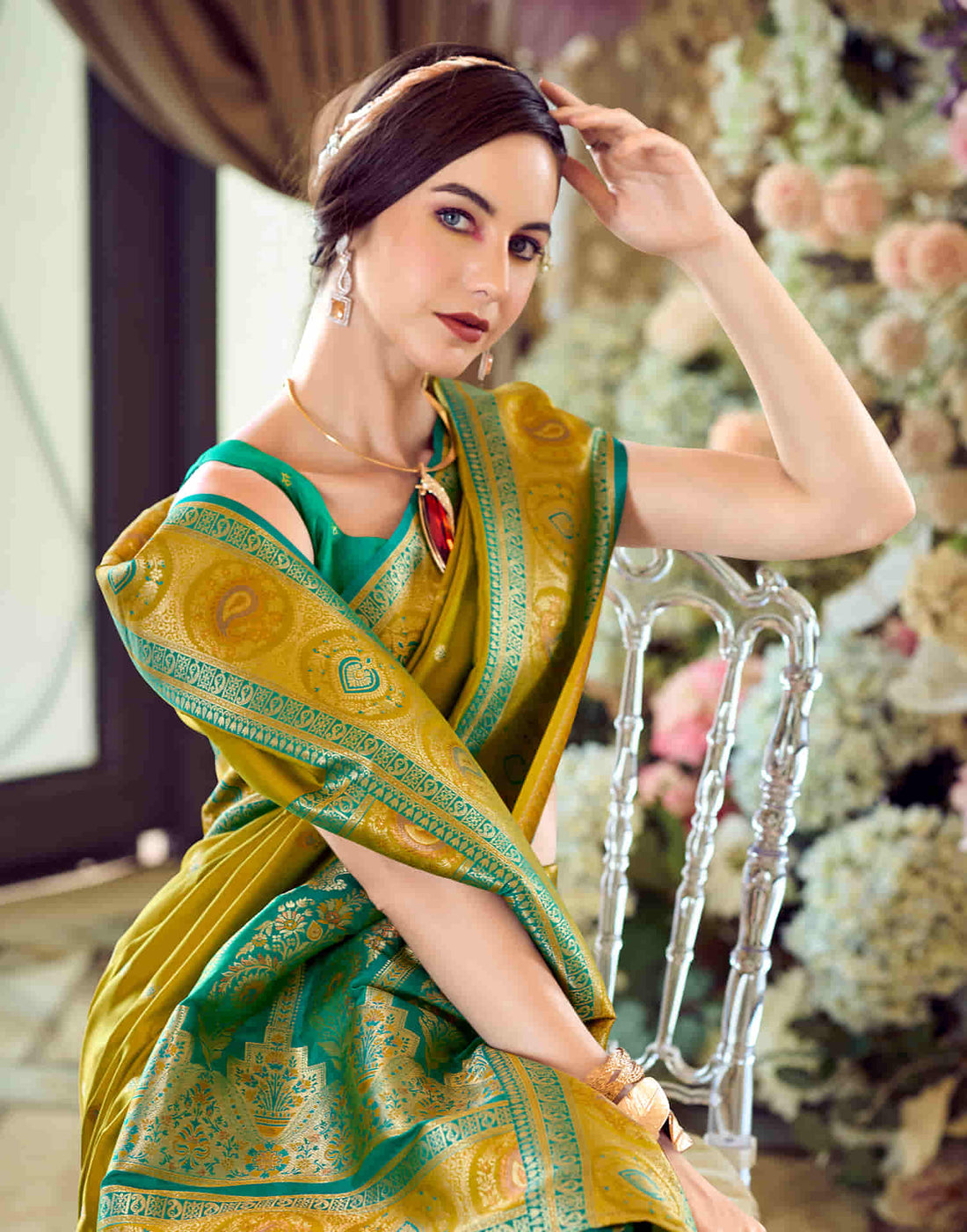 Lime Green Silk Woven Banarasi Saree