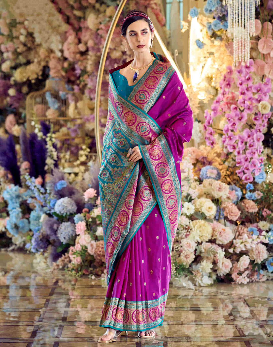 Dark Magenta Silk Woven Banarasi Saree