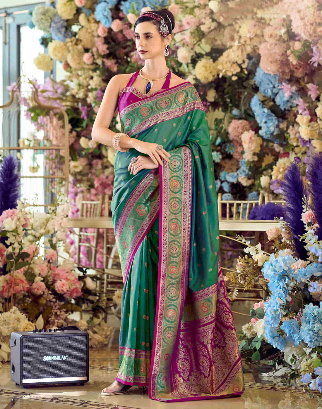 Peacock Green Silk Woven Banarasi Saree