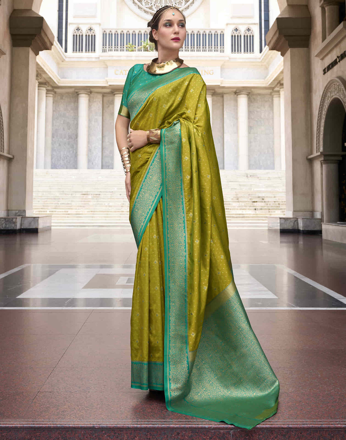 Lime Green Silk Woven Banarasi Saree