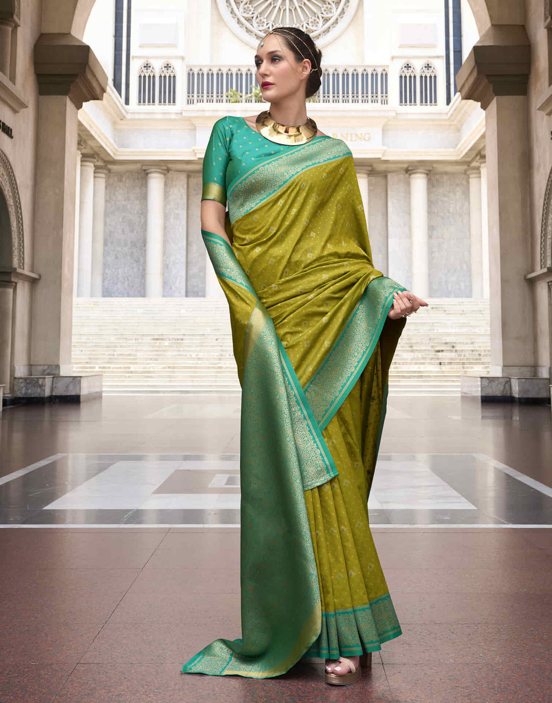 Lime Green Silk Woven Banarasi Saree