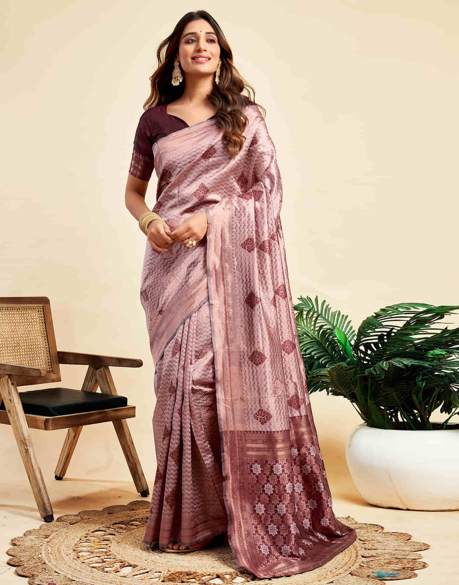 Mauve Silk Woven Banarasi Saree