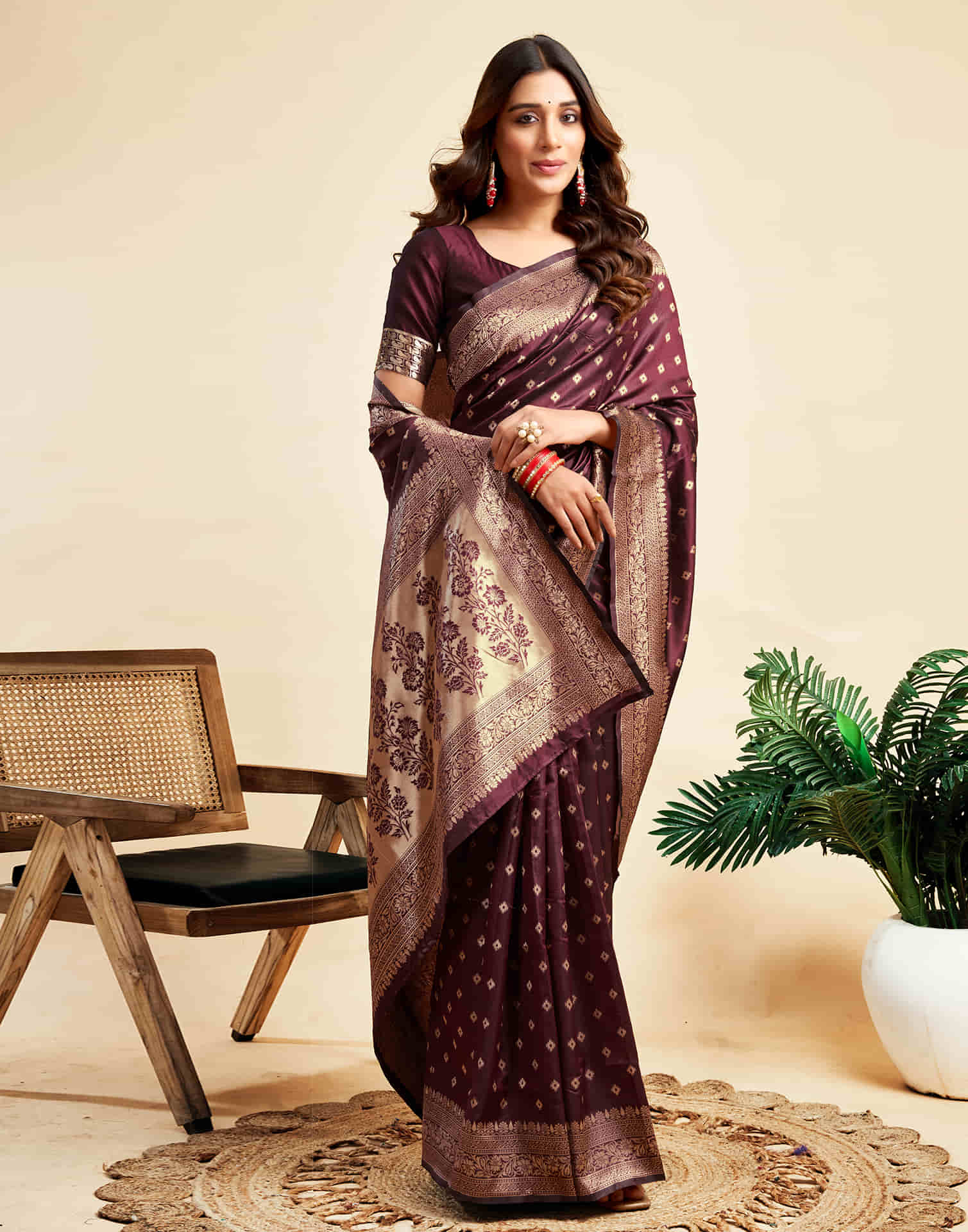 Maroon Silk Woven Banarasi Saree