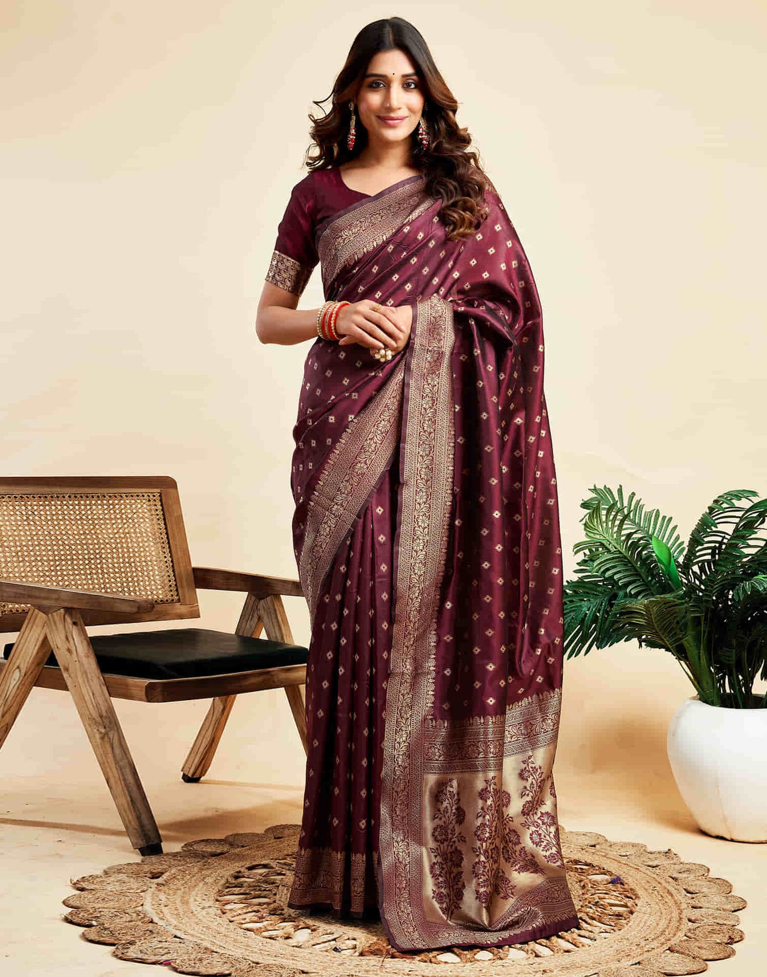 Maroon Silk Woven Banarasi Saree