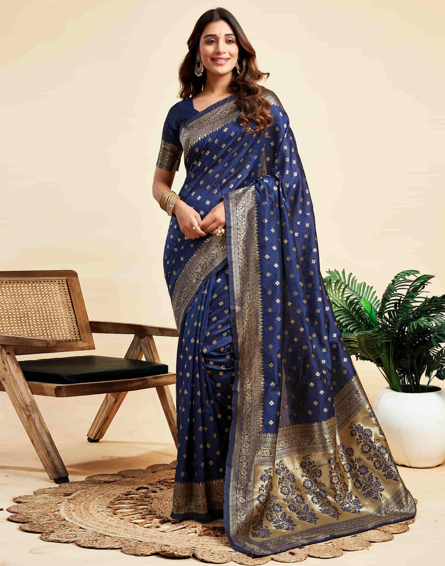 Navy Blue Silk Woven Banarasi Saree