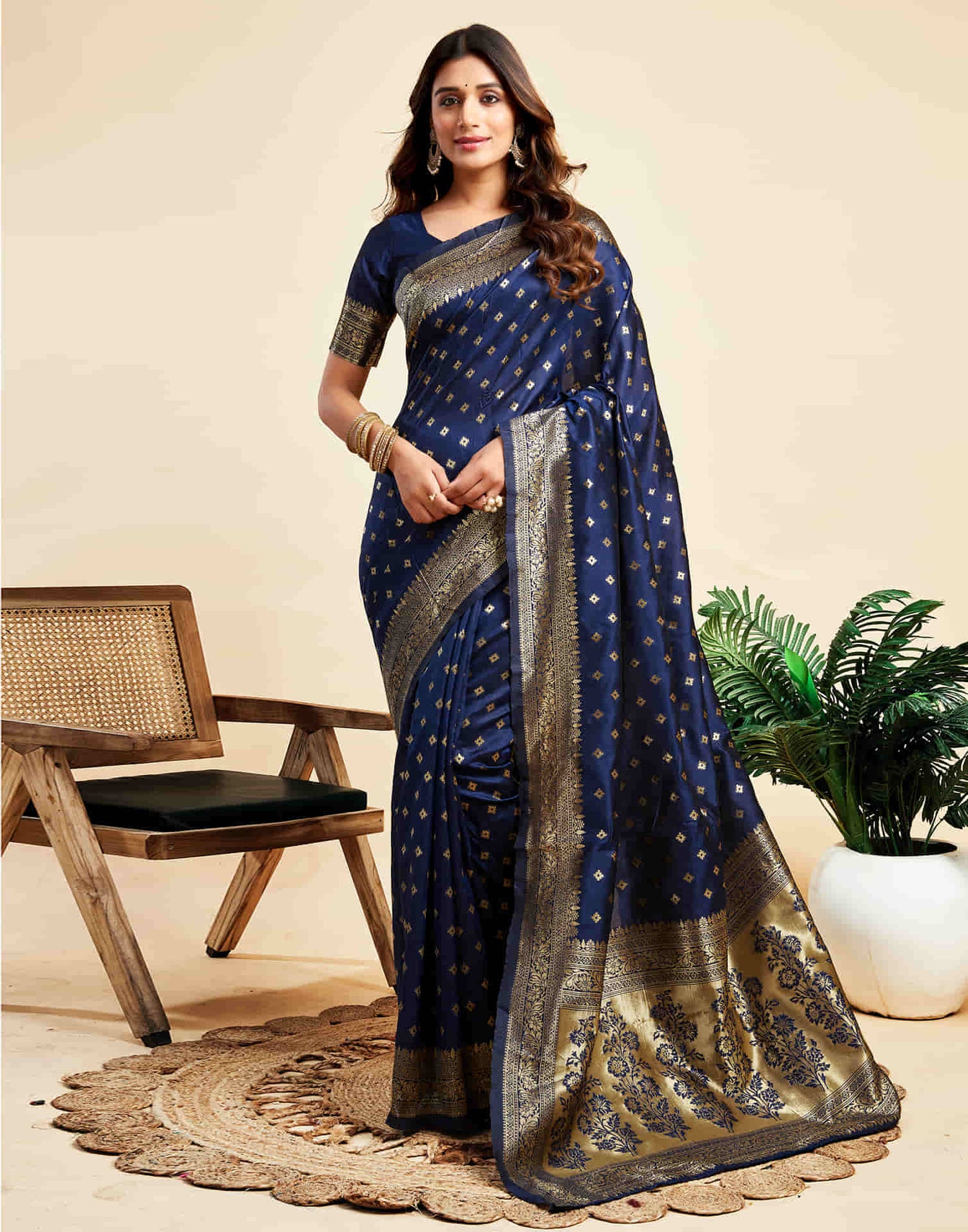 Navy Blue Silk Woven Banarasi Saree