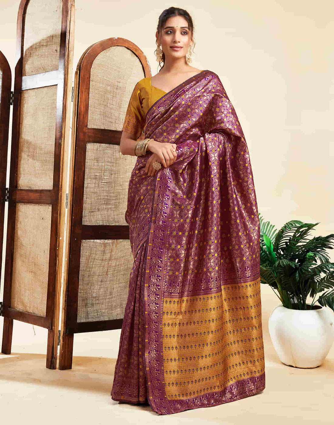 Wine Silk Woven Banarasi Saree