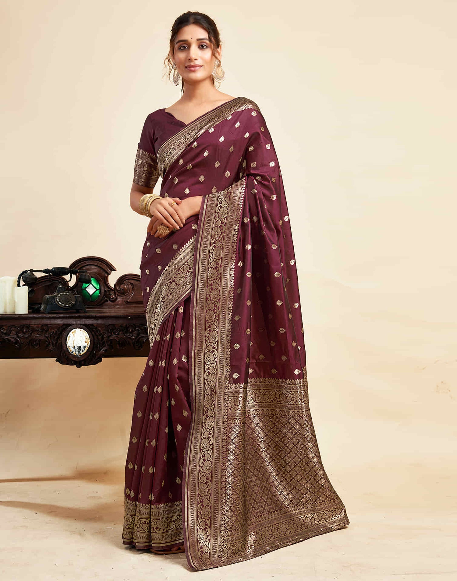 Maroon Silk Woven Banarasi Saree