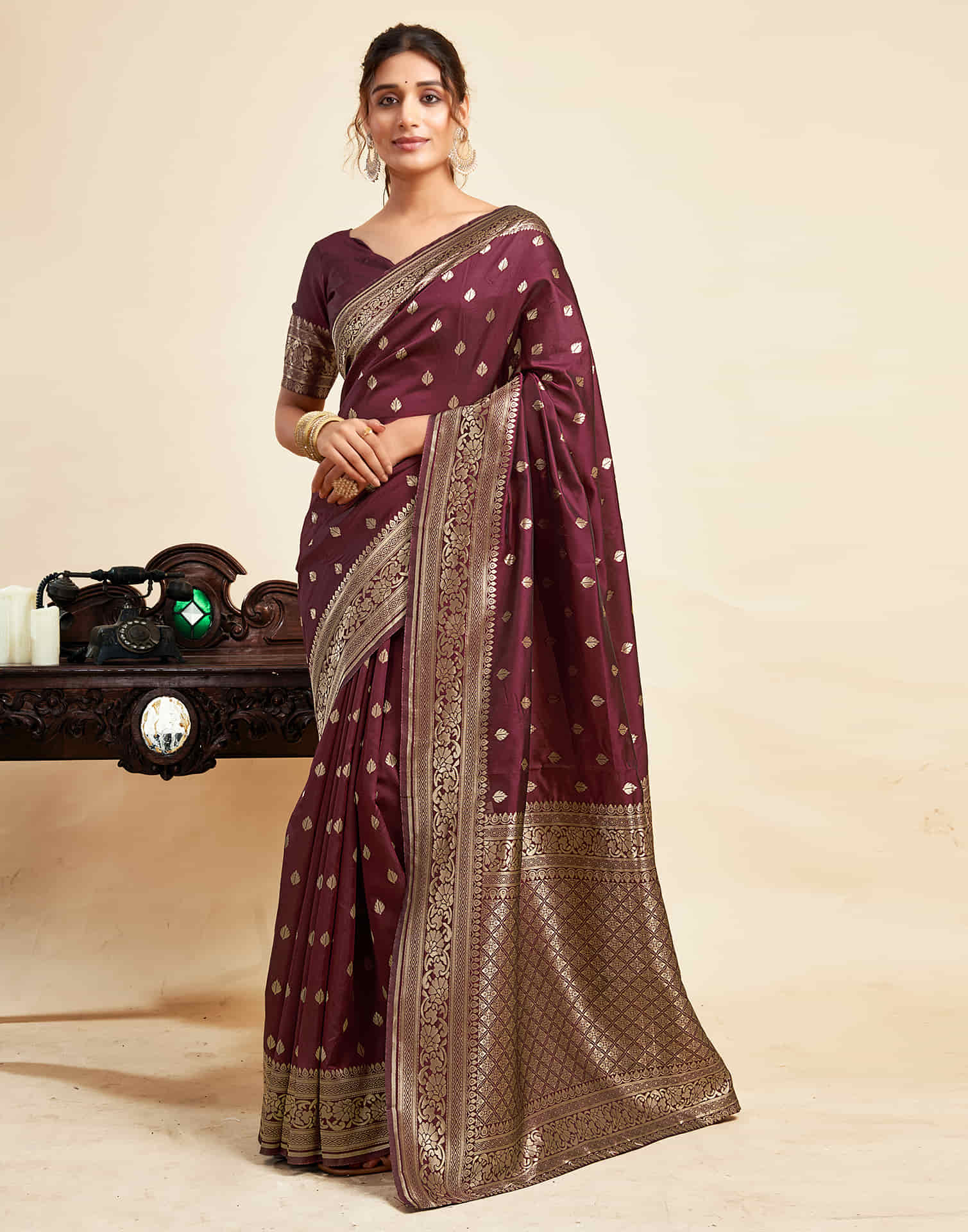 Maroon Silk Woven Banarasi Saree