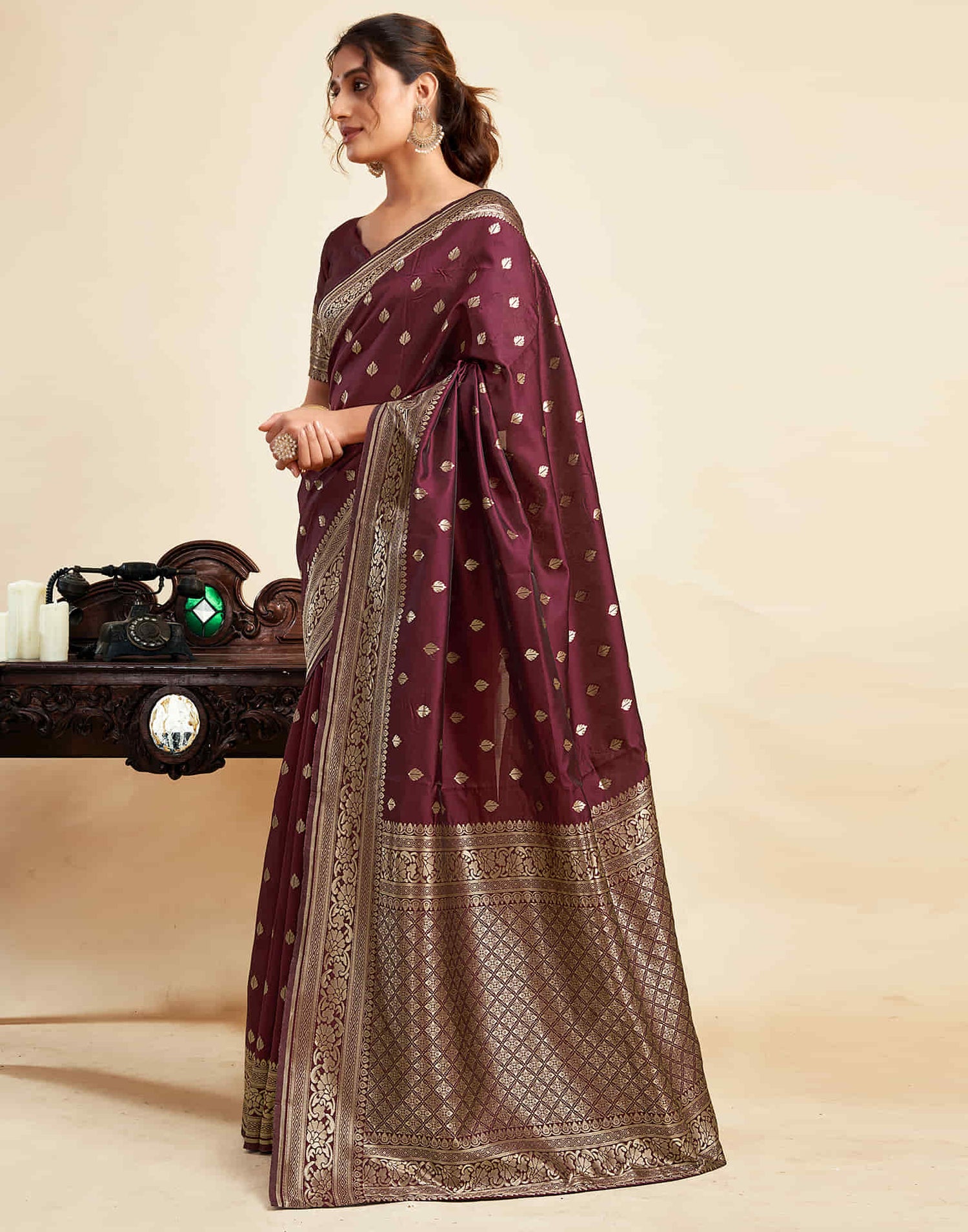 Maroon Silk Woven Banarasi Saree