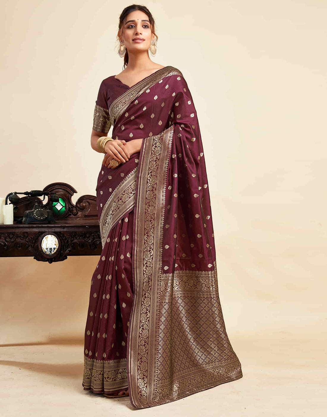 Maroon Silk Woven Banarasi Saree