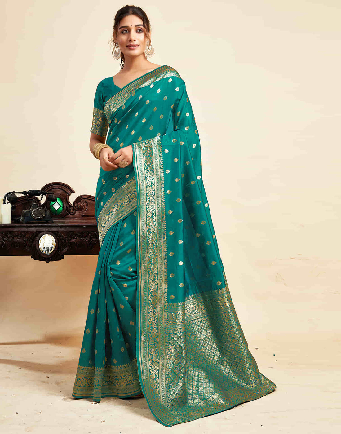 Teal Green Silk Woven Banarasi Saree