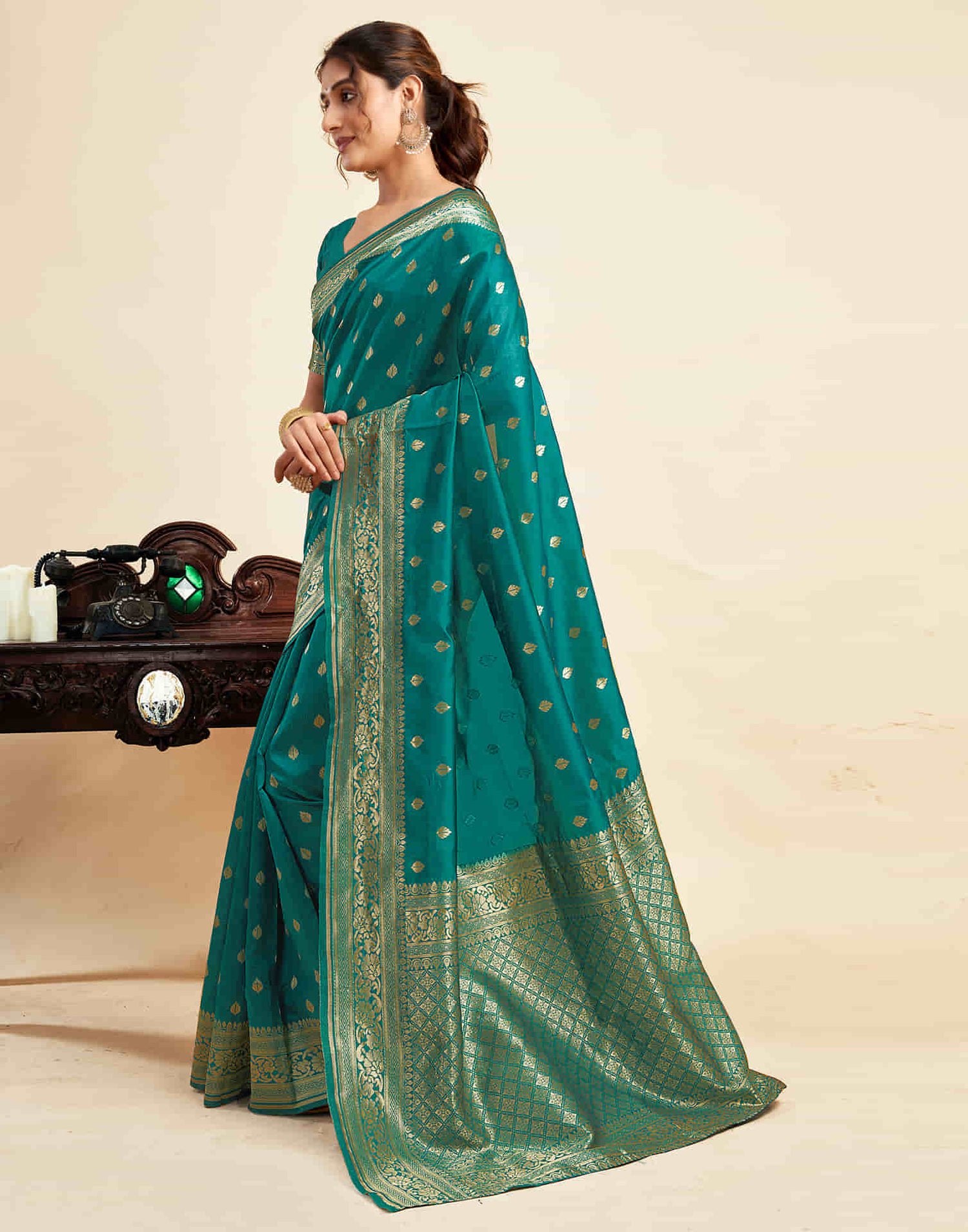 Teal Green Silk Woven Banarasi Saree