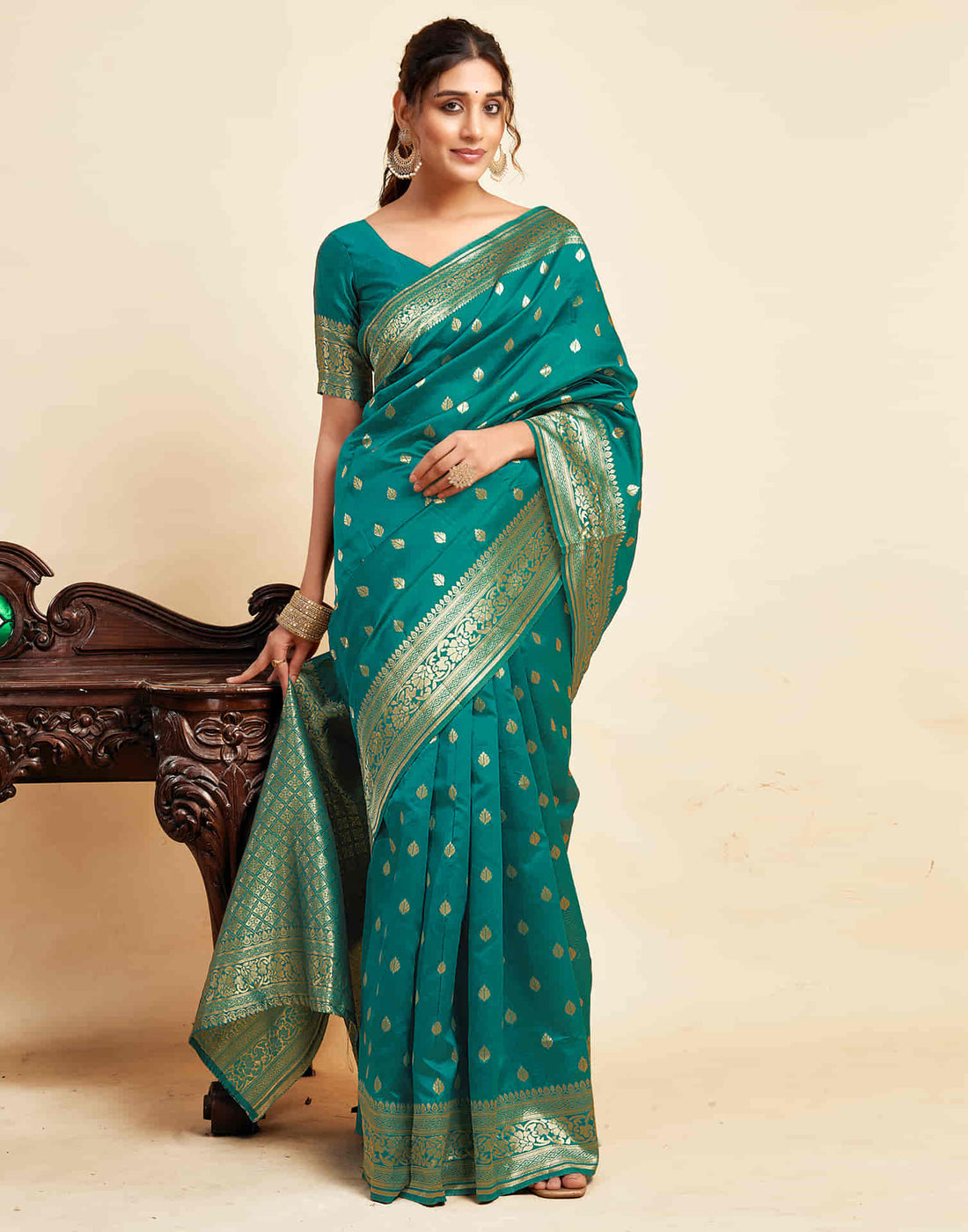 Teal Green Silk Woven Banarasi Saree