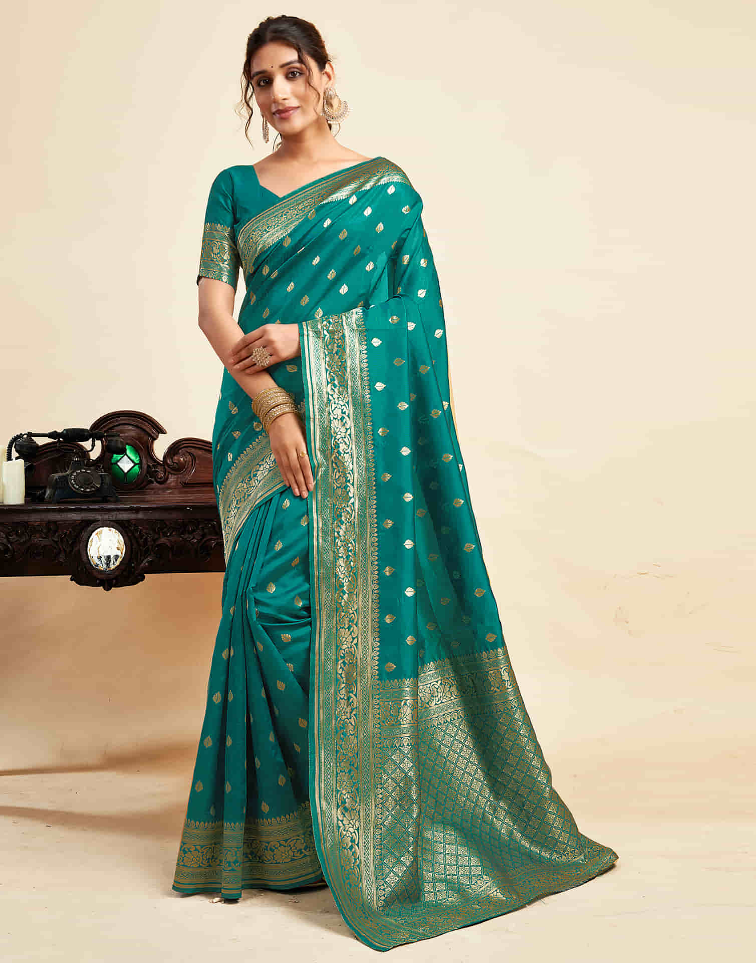 Teal Green Silk Woven Banarasi Saree