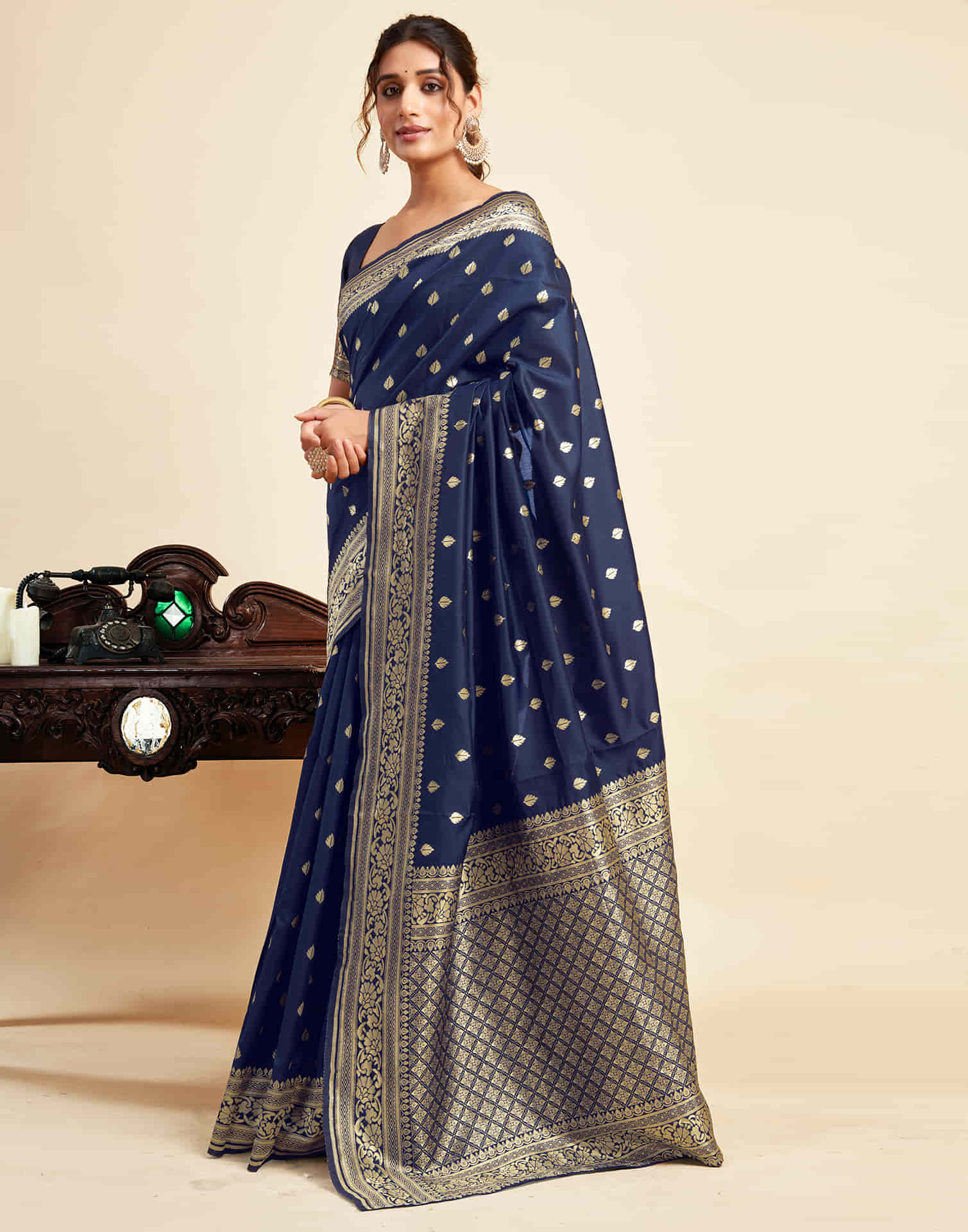 Navy Blue Silk Woven Banarasi Saree