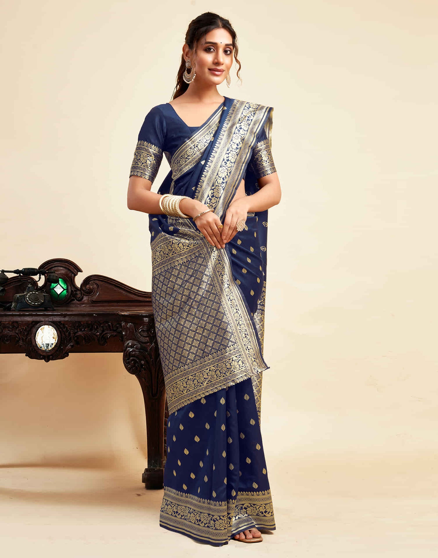 Navy Blue Silk Woven Banarasi Saree