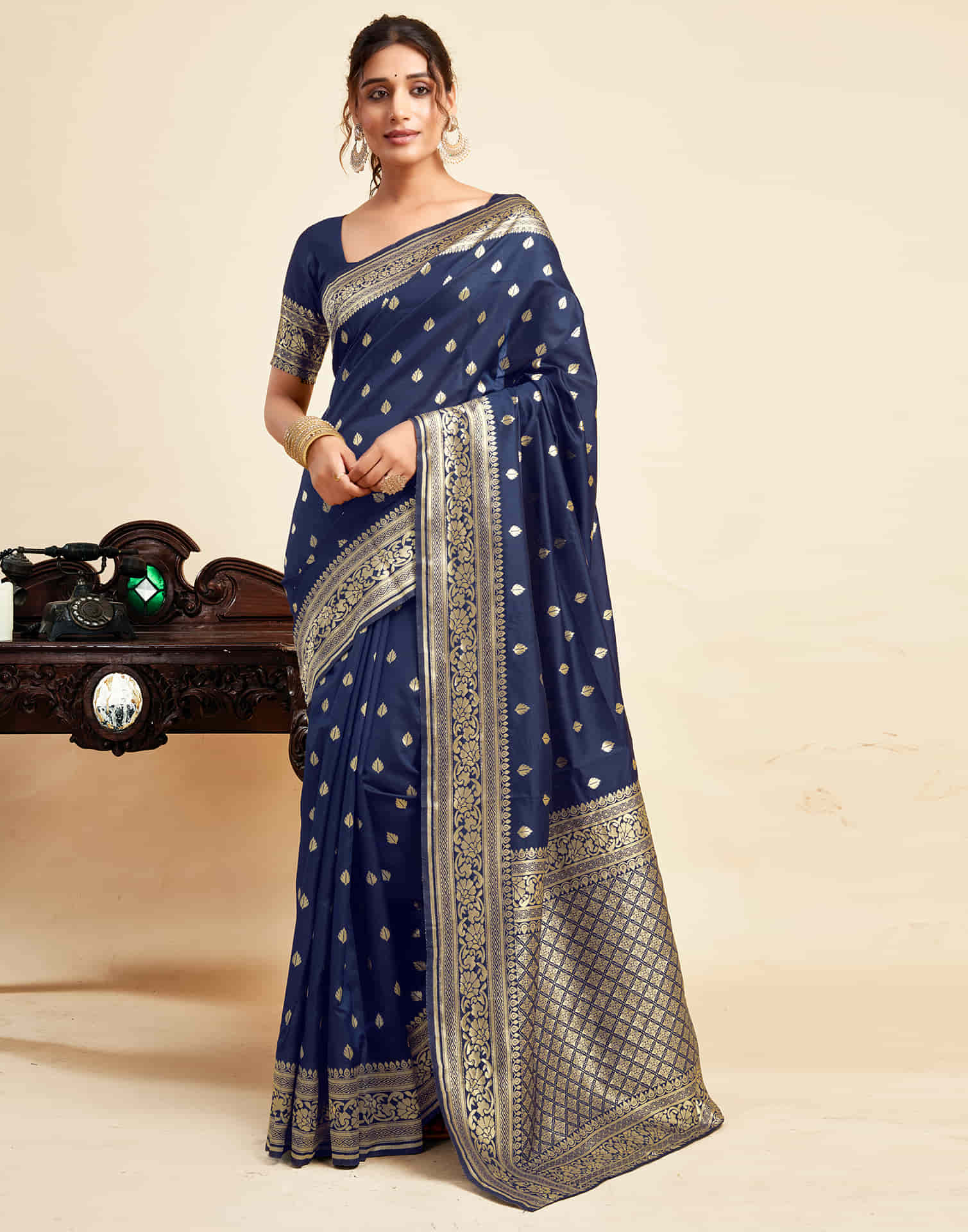 Navy Blue Silk Woven Banarasi Saree