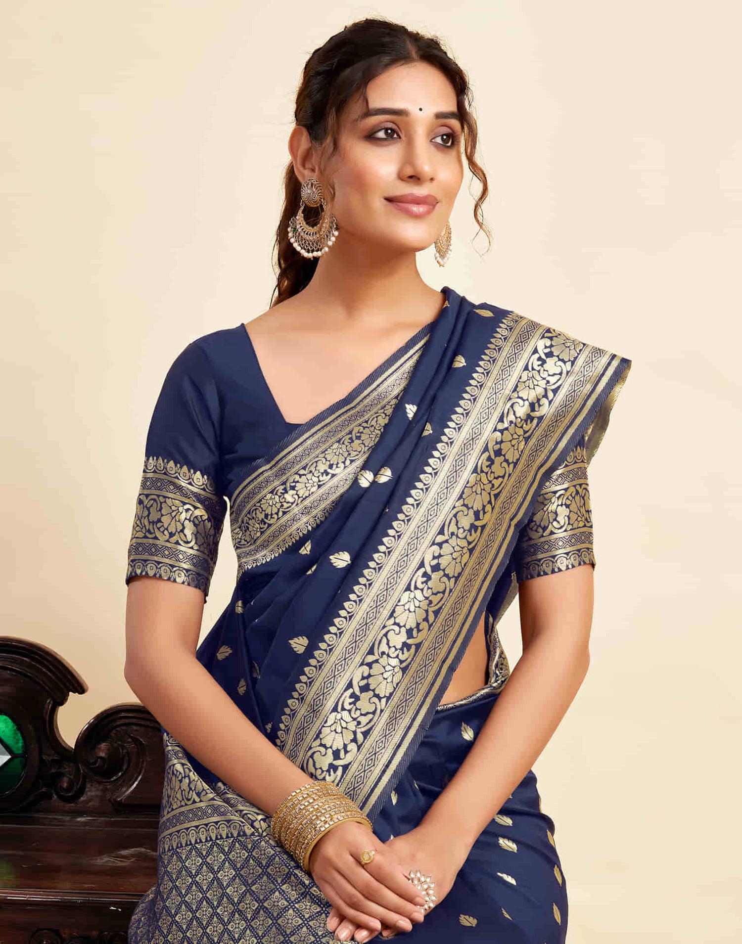 Navy Blue Silk Woven Banarasi Saree