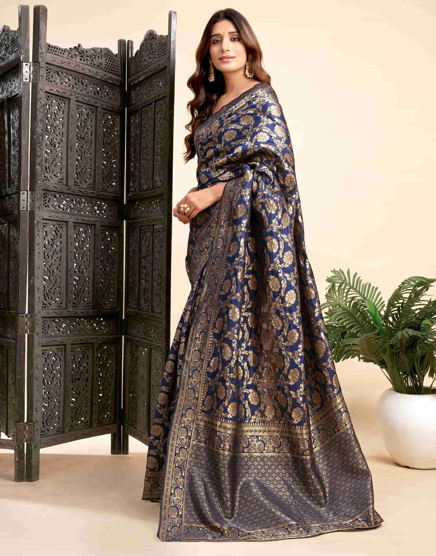 Navy Blue Silk Woven Banarasi Saree