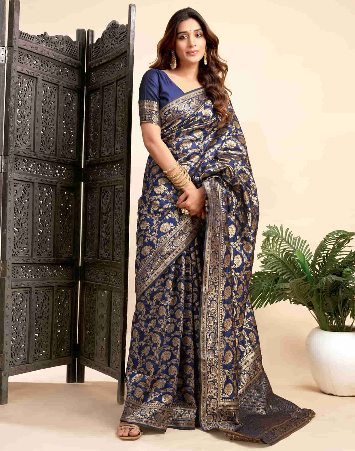 Navy Blue Silk Woven Banarasi Saree