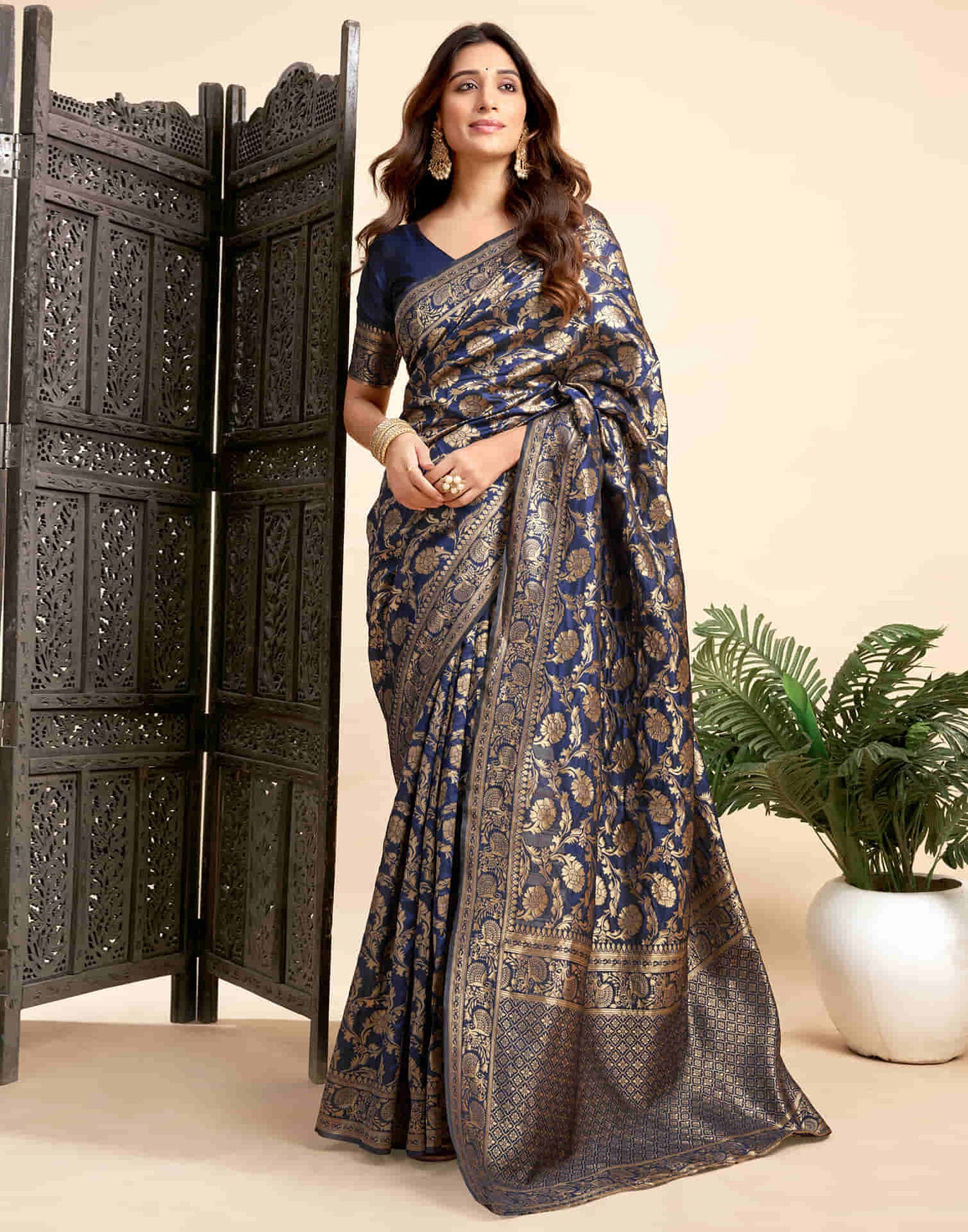 Navy Blue Silk Woven Banarasi Saree