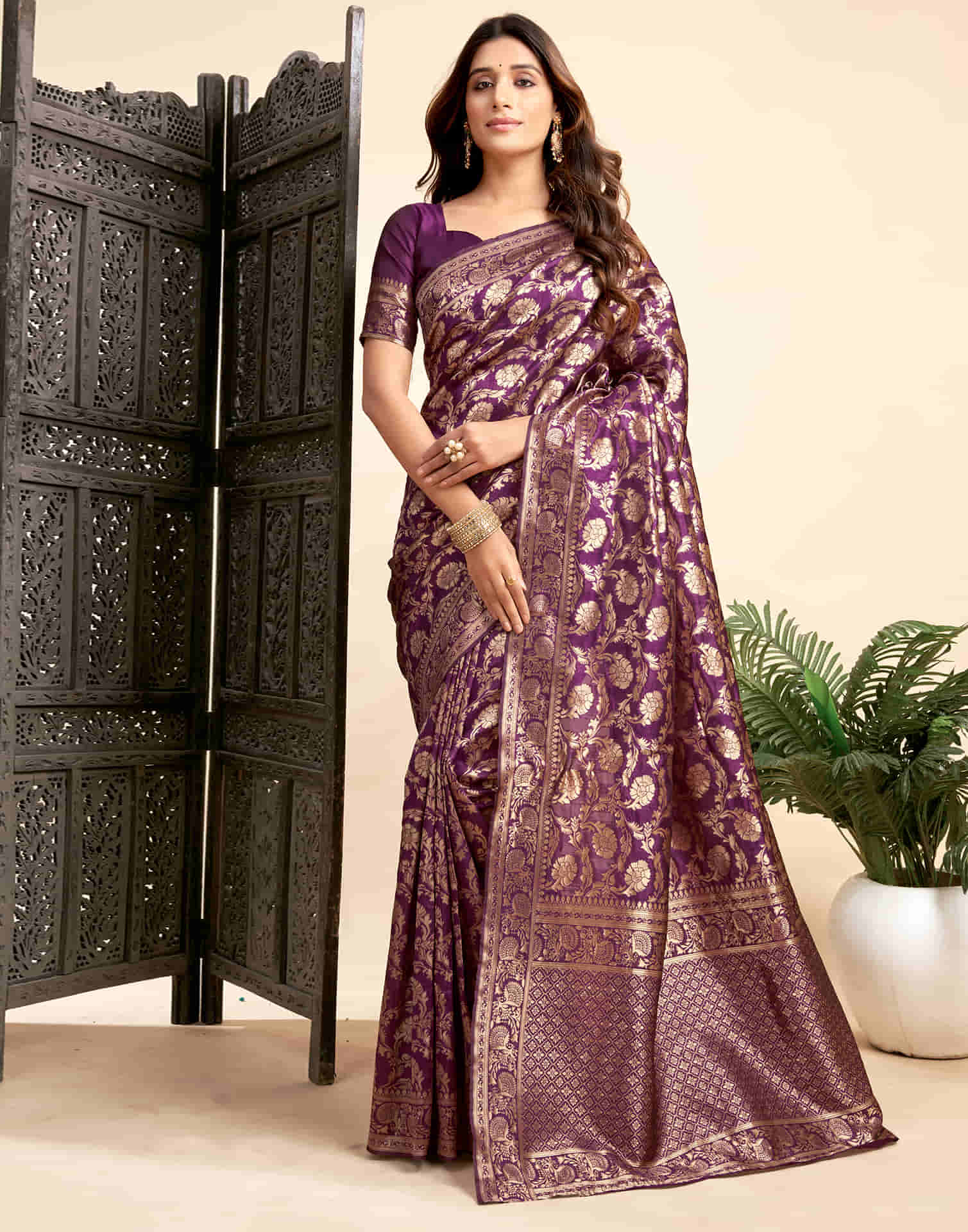 Wine Silk Woven Banarasi Saree