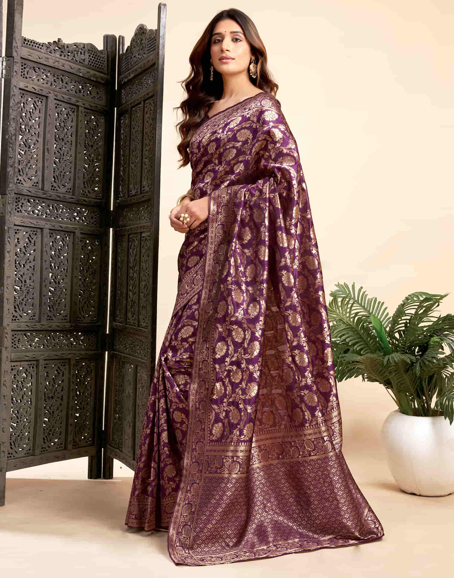 Wine Silk Woven Banarasi Saree