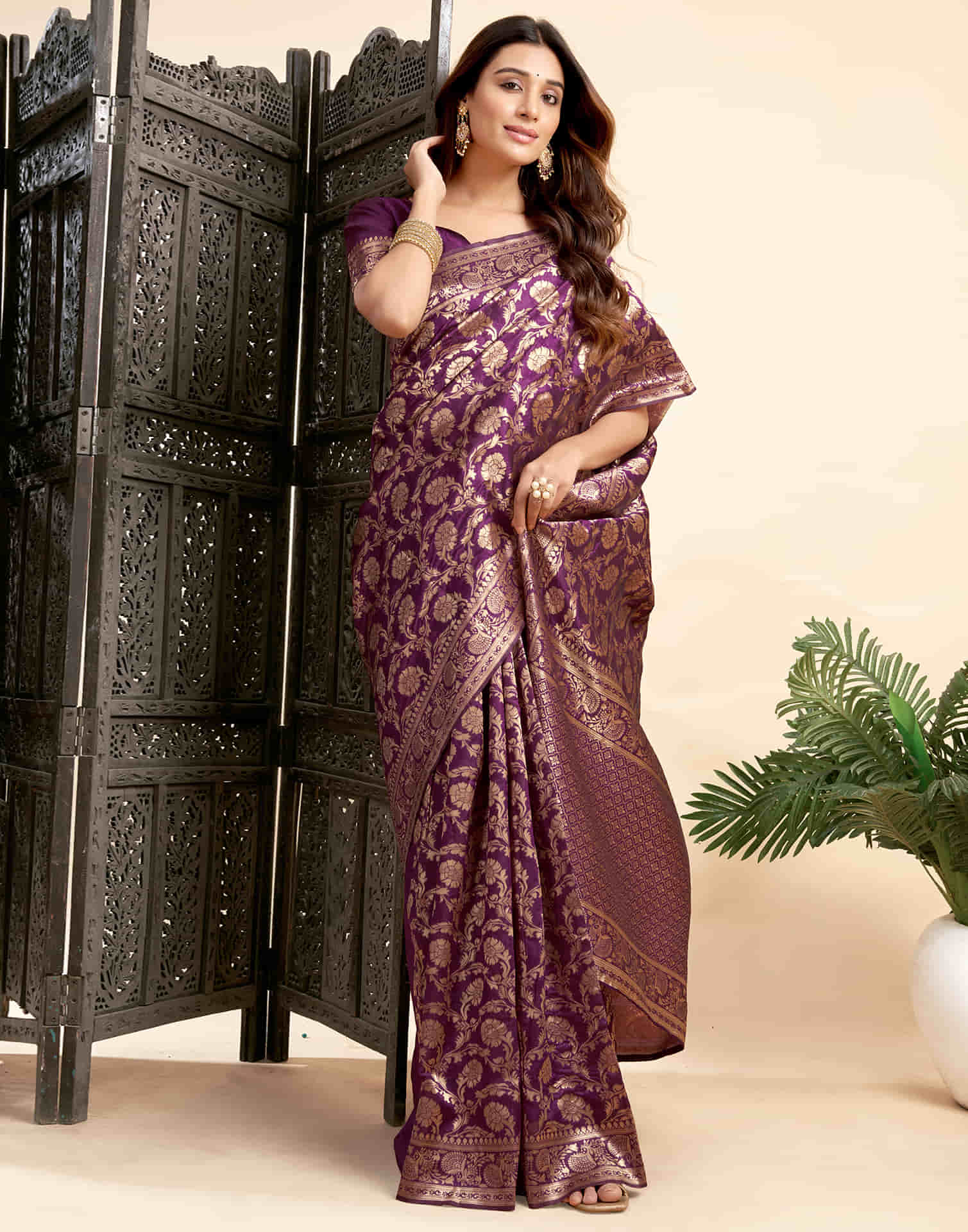 Wine Silk Woven Banarasi Saree