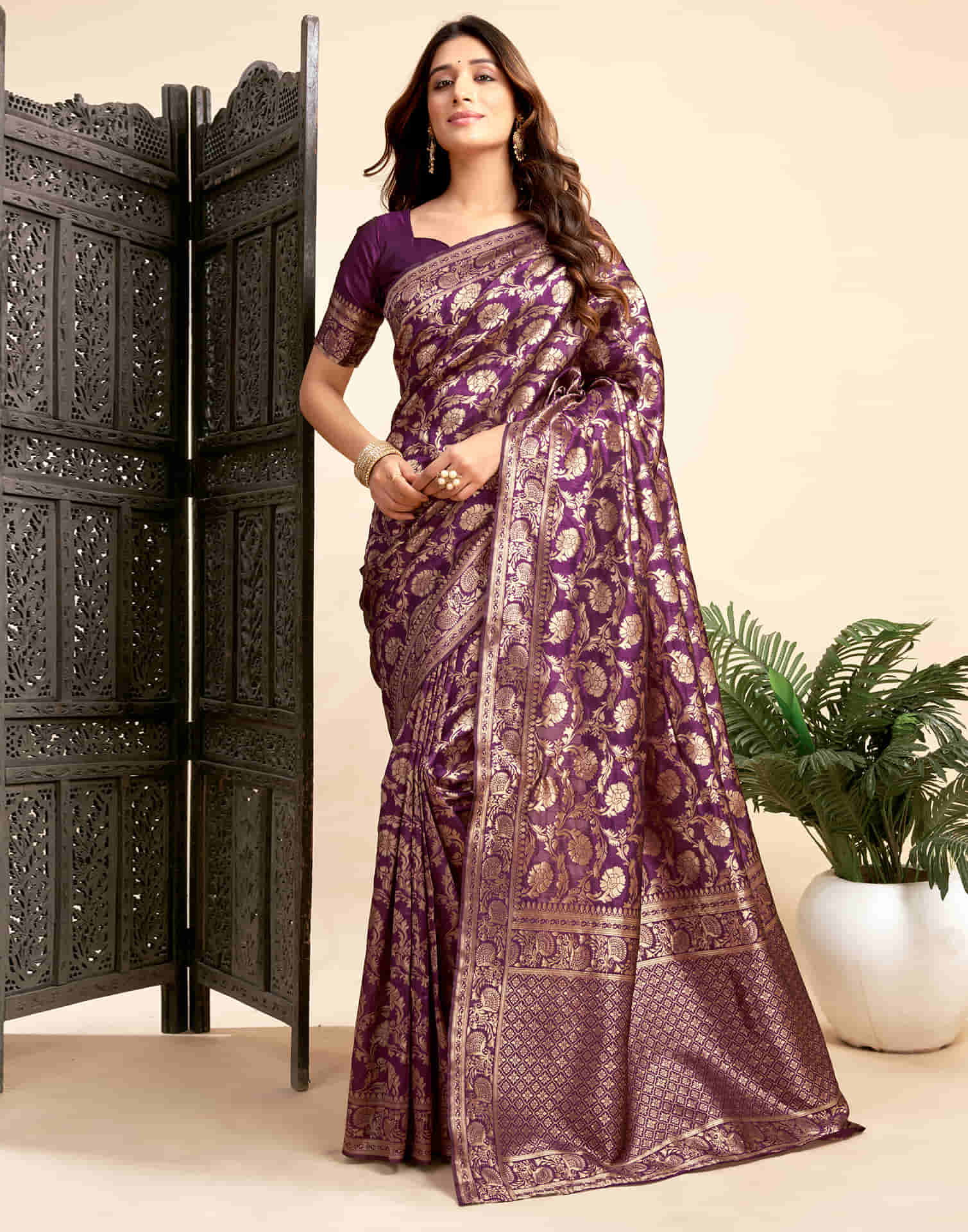 Wine Silk Woven Banarasi Saree