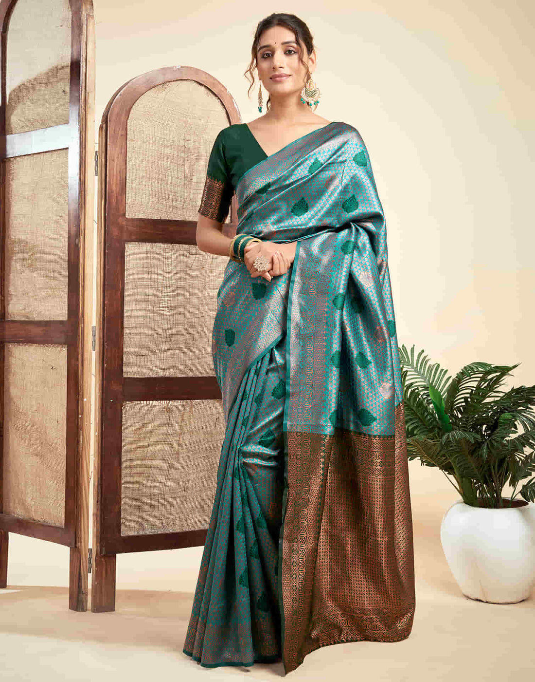 Teal Green Silk Woven Banarasi Saree