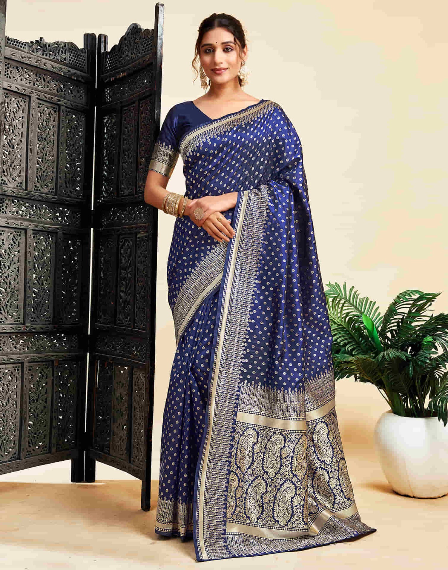 Navy Blue Silk Woven Banarasi Saree