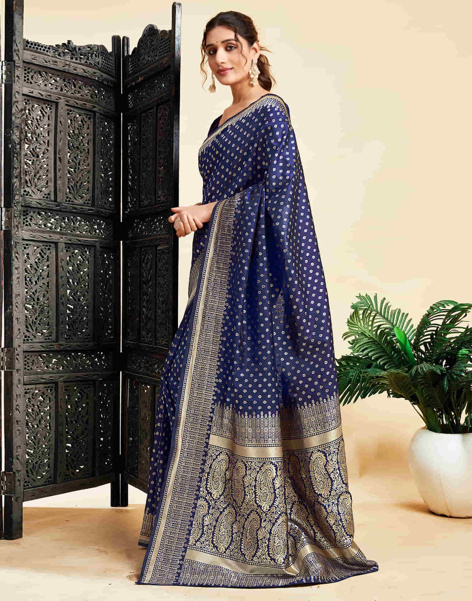 Navy Blue Silk Woven Banarasi Saree