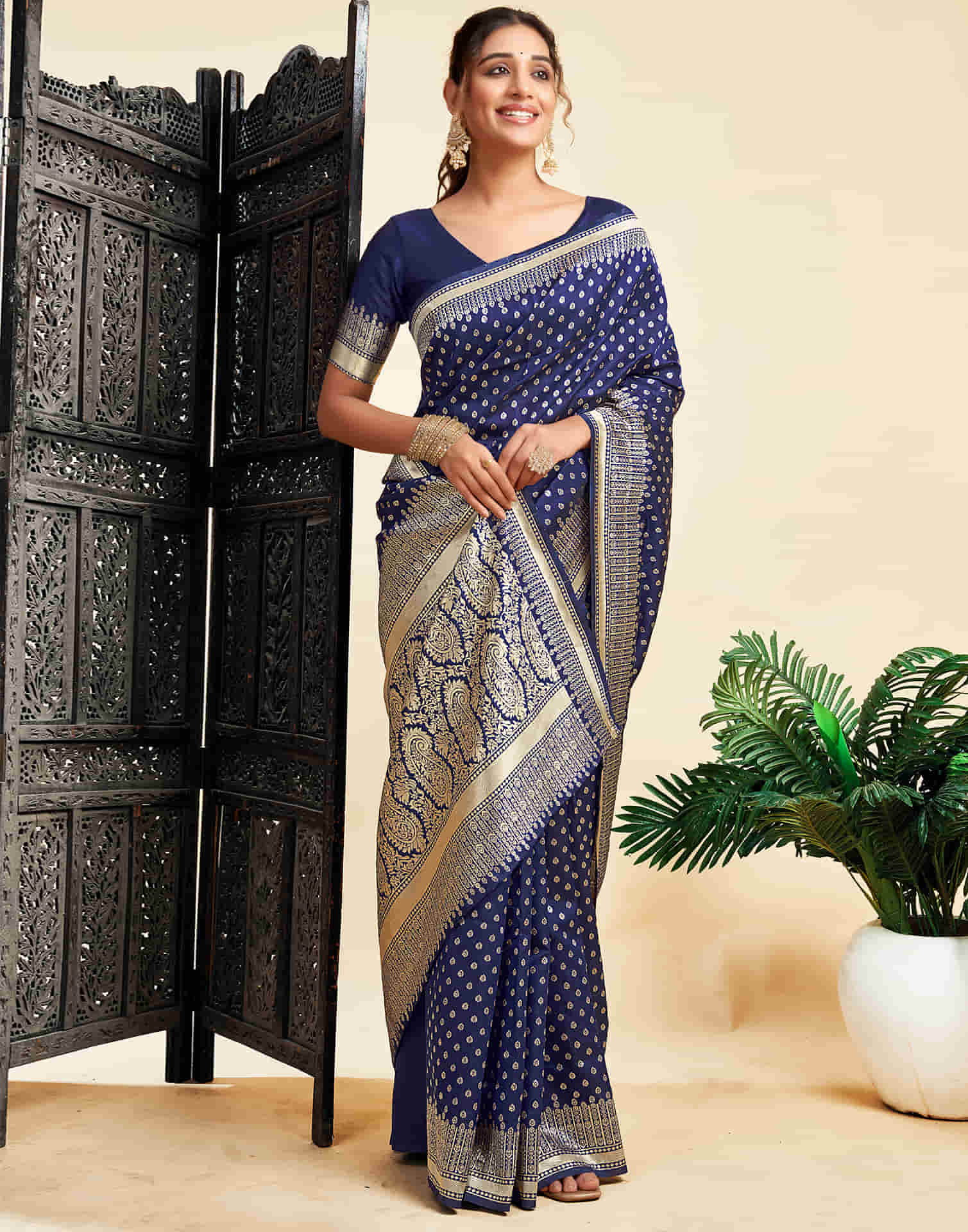 Navy Blue Silk Woven Banarasi Saree