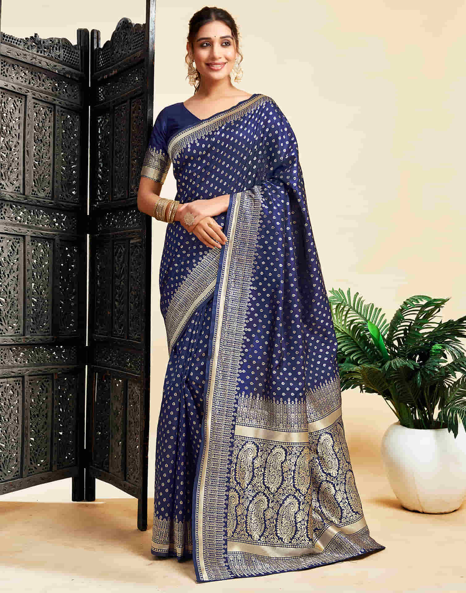 Navy Blue Silk Woven Banarasi Saree