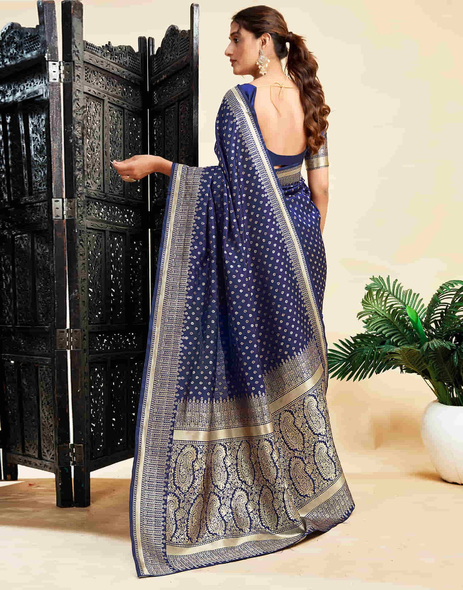 Navy Blue Silk Woven Banarasi Saree