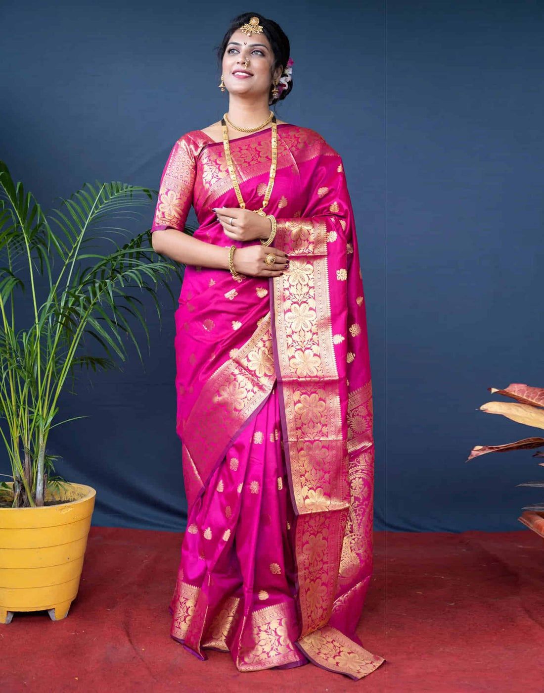 Bright Pink Silk Woven Banarasi Saree