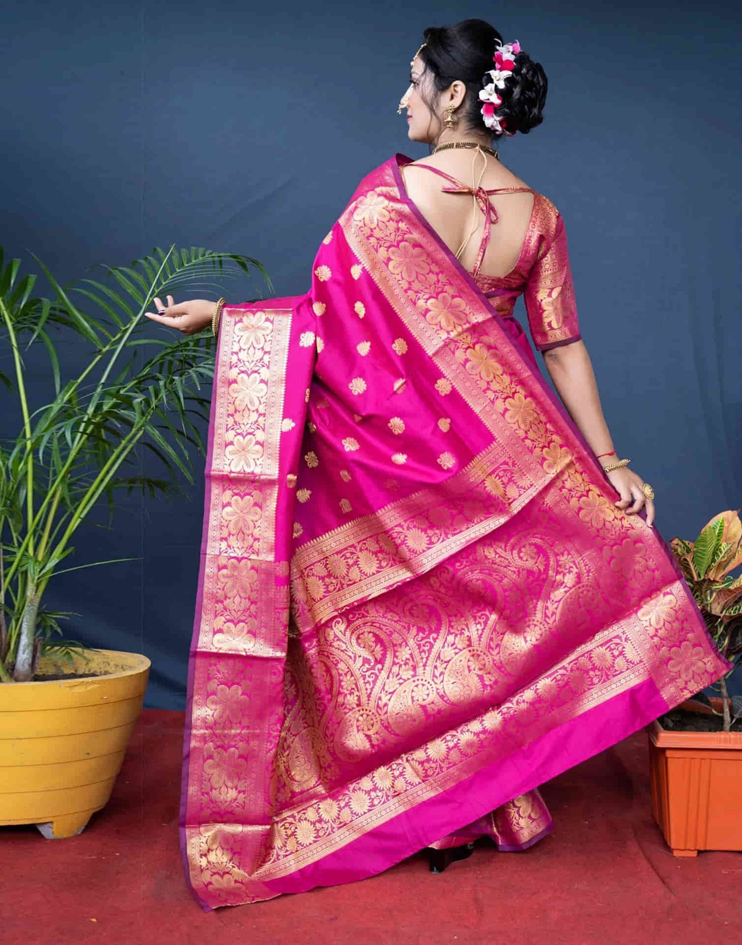 Bright Pink Silk Woven Banarasi Saree