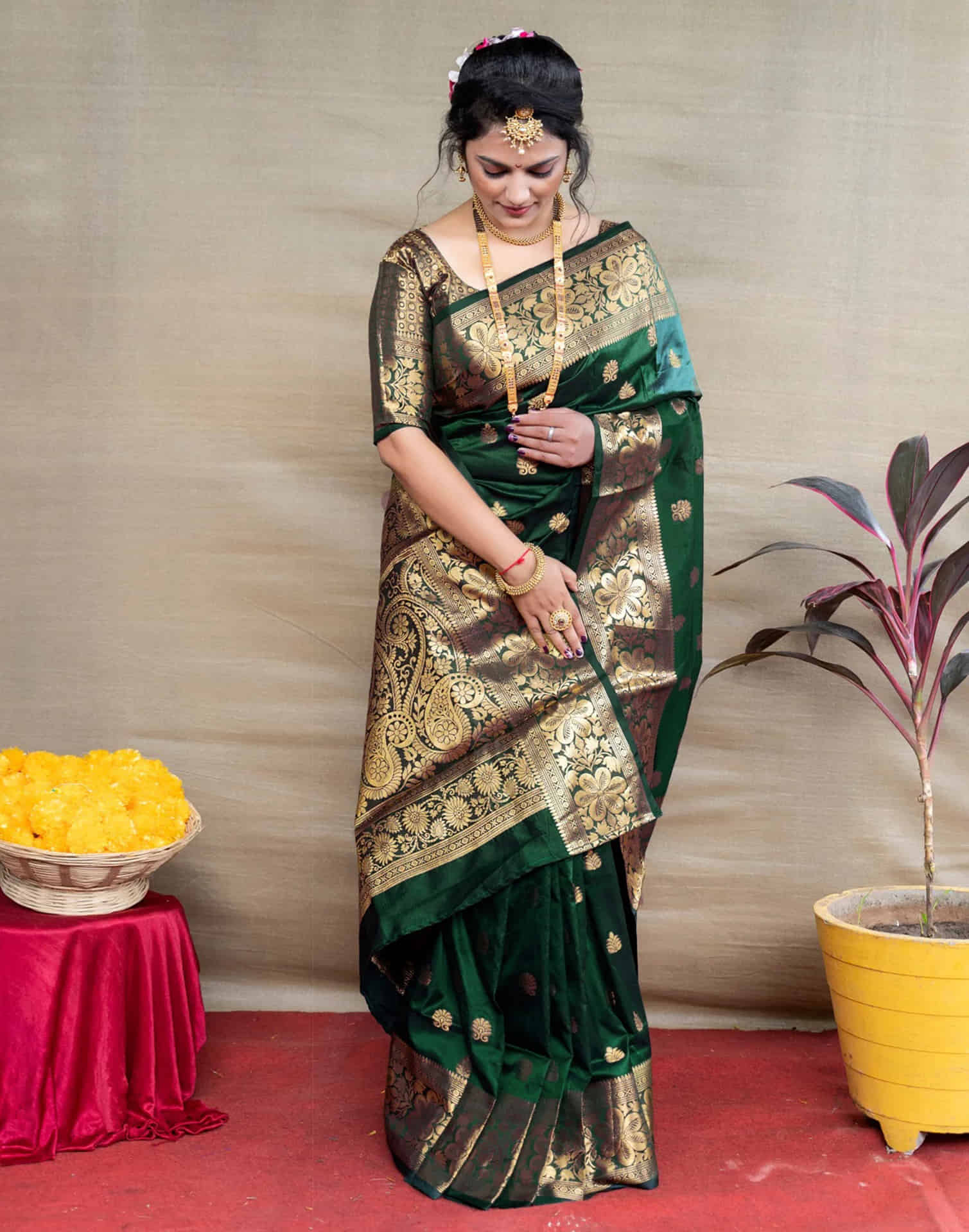 Dark Green Silk Woven Banarasi Saree Sudathi