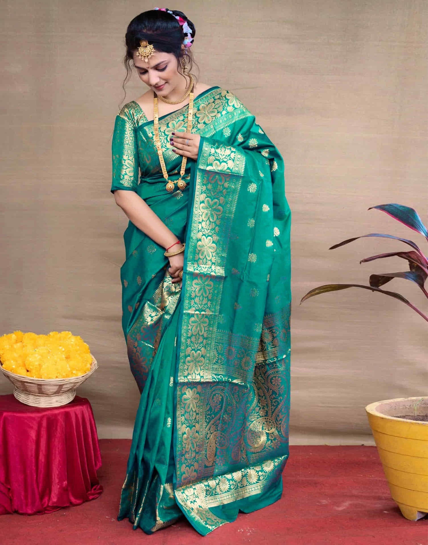 Teal Green Silk Woven Banarasi Saree